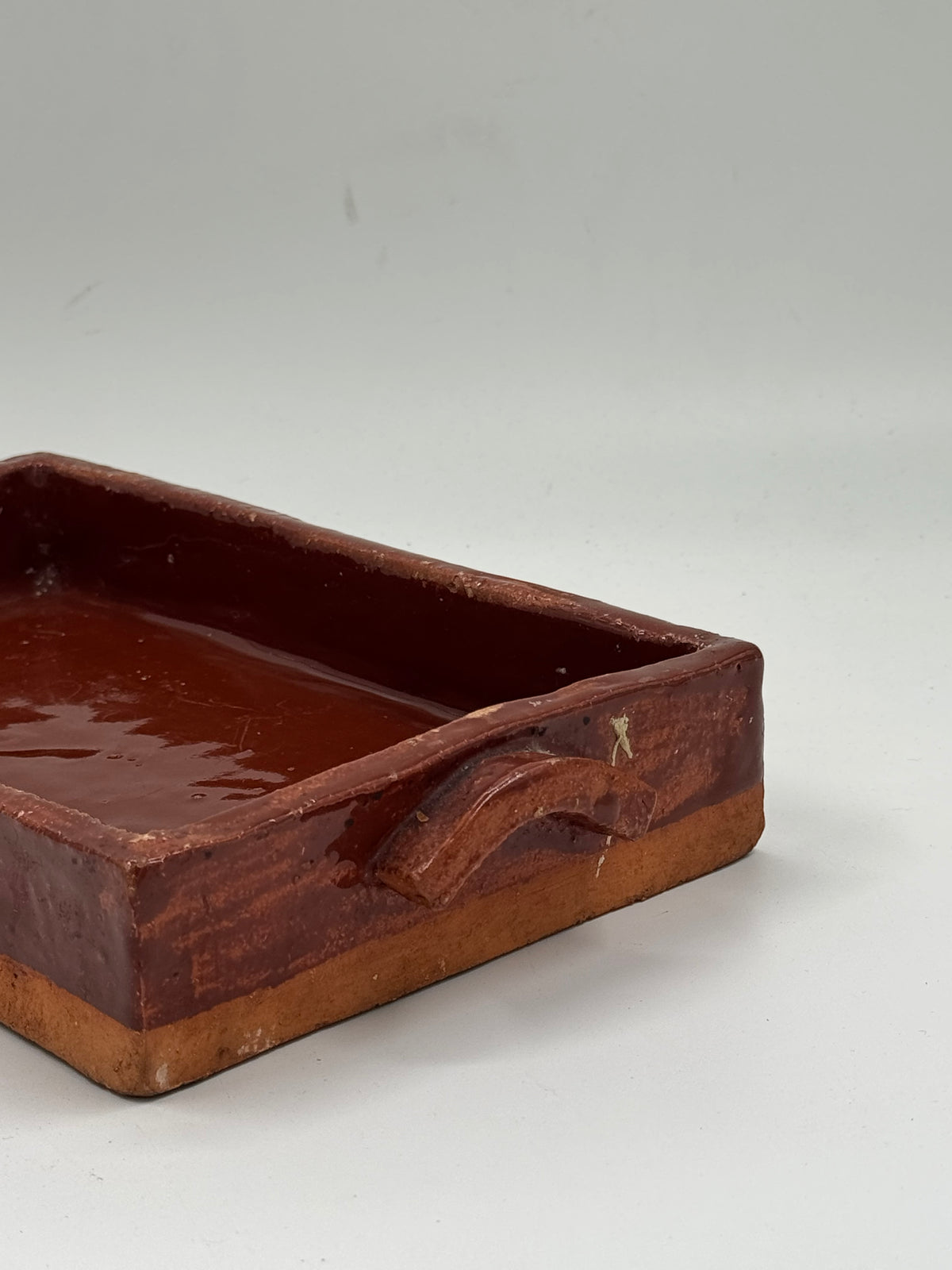 Vintage Chestnut-Glazed Terracotta Tray with Handles