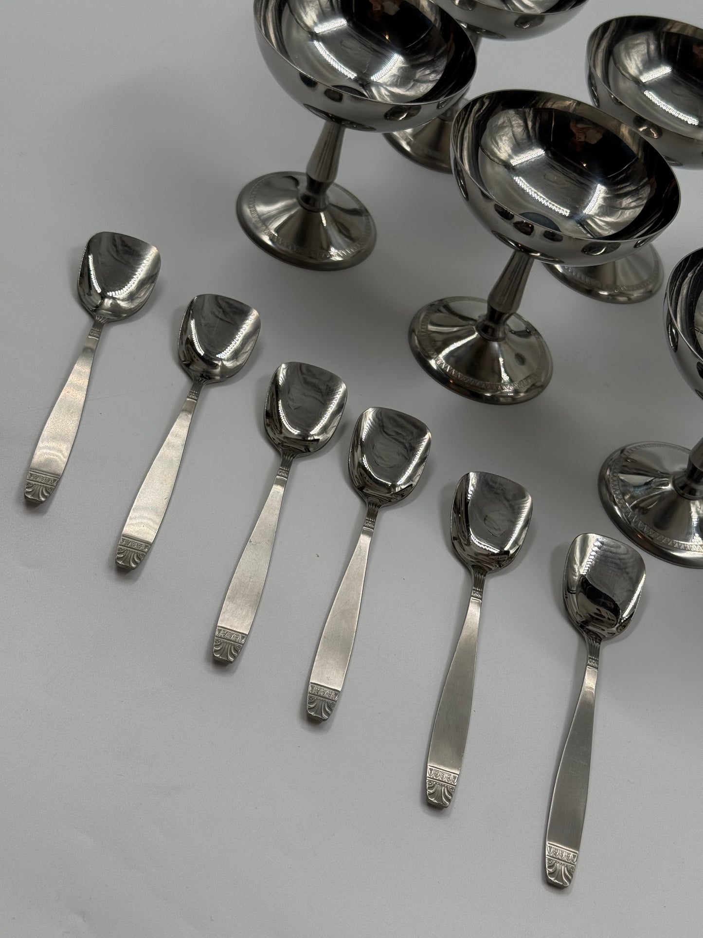 Set of Six Stainless Steel Dessert Coupes With Matching Spoons