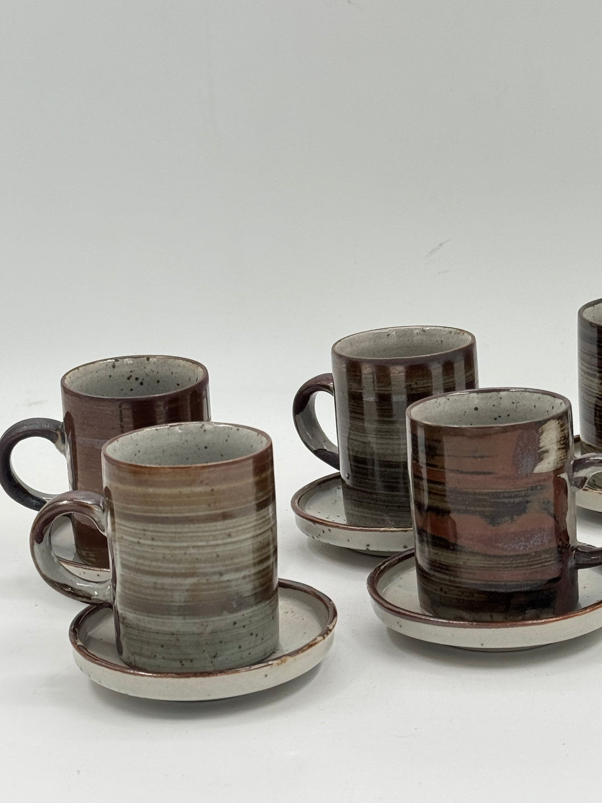 Set of 6 Vintage Handmade Stoneware Cups & Saucers