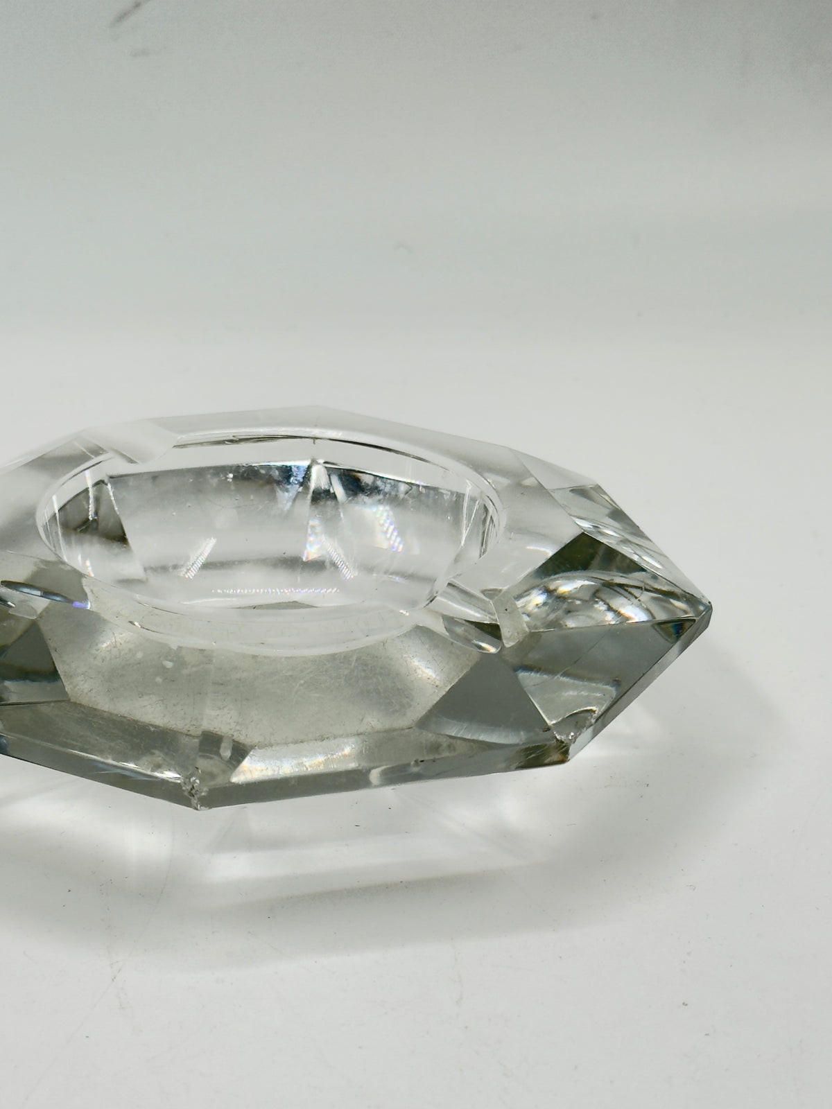 Vintage Elongated Diamond-Cut Crystal Glass Ashtray