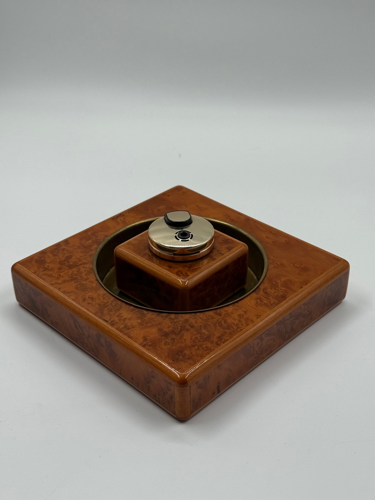 Burlwood style Ashtray & Lighter Set Vintage Brass Detail