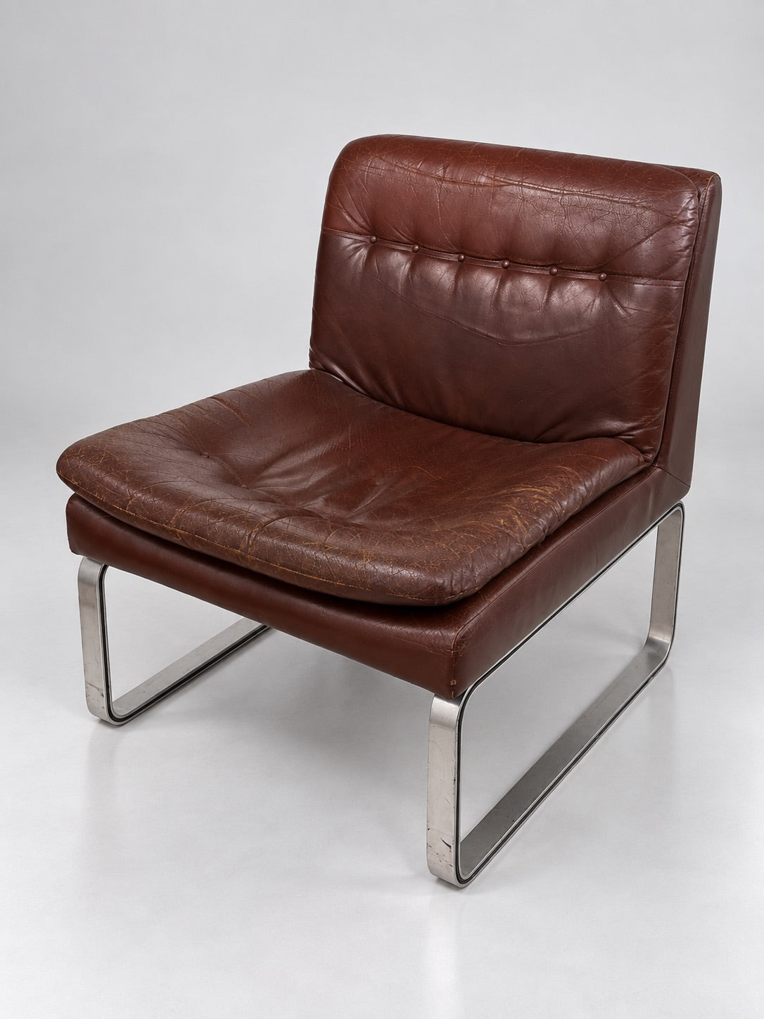 Vintage Design Lounge Chair, Brown Leather & Brushed Steel