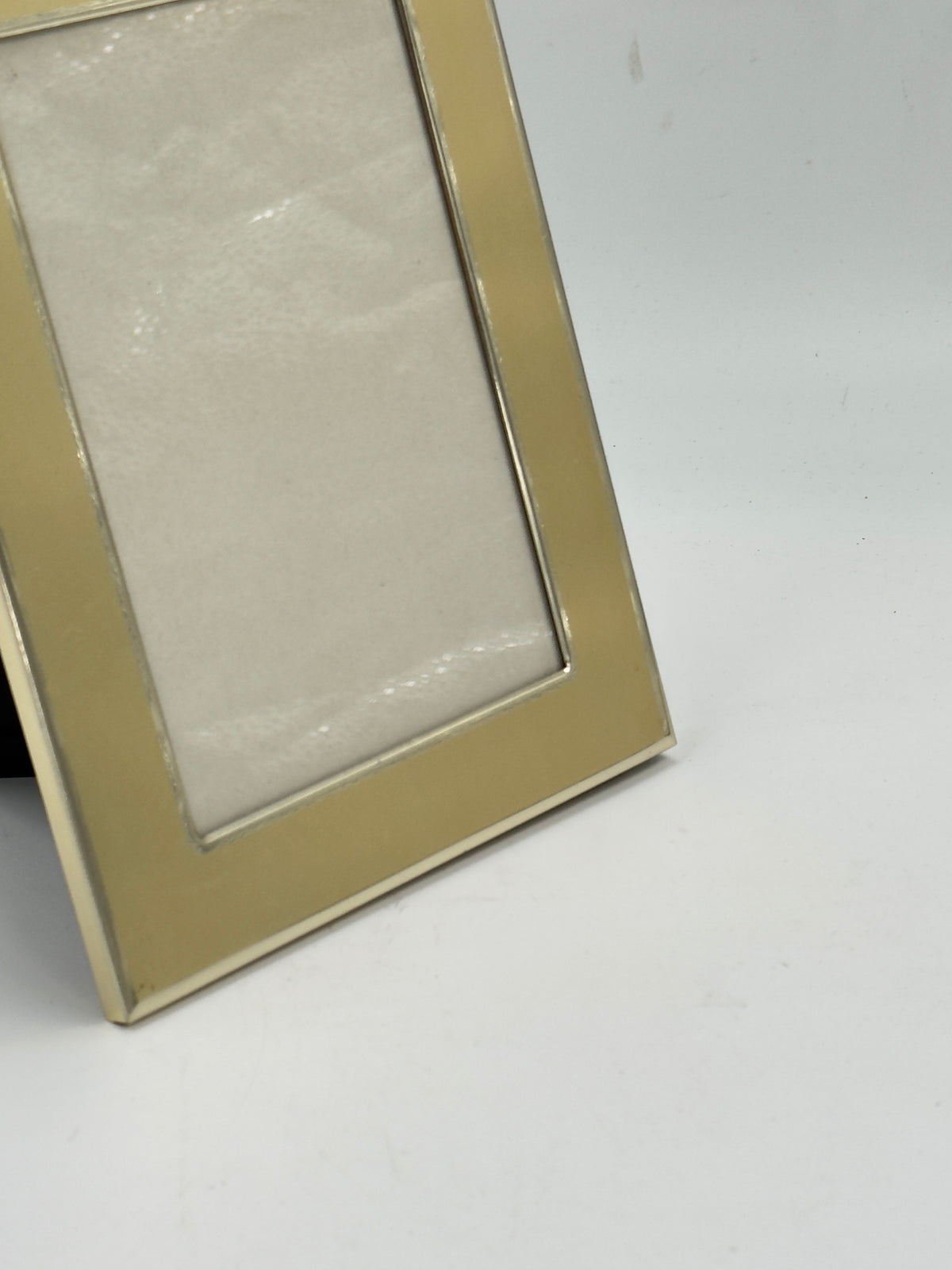 Vintage Beige Enamel Picture Frame with Silver-Tone Border