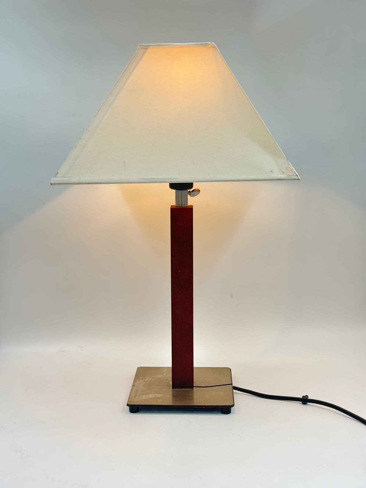 Vintage Square Wood Column Table Lamp, Brushed Steel Base