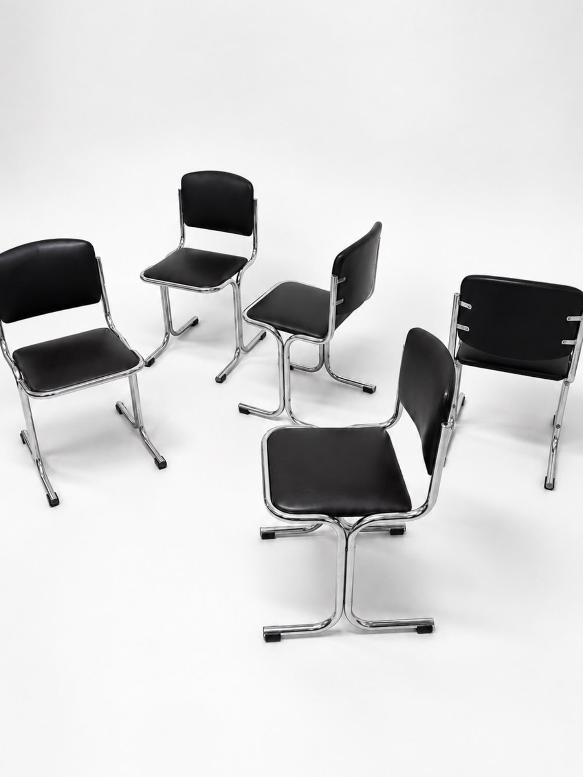 Set of 5 Vintage Chrome Tubular Chairs, Dark Brown Leather, 1970s
