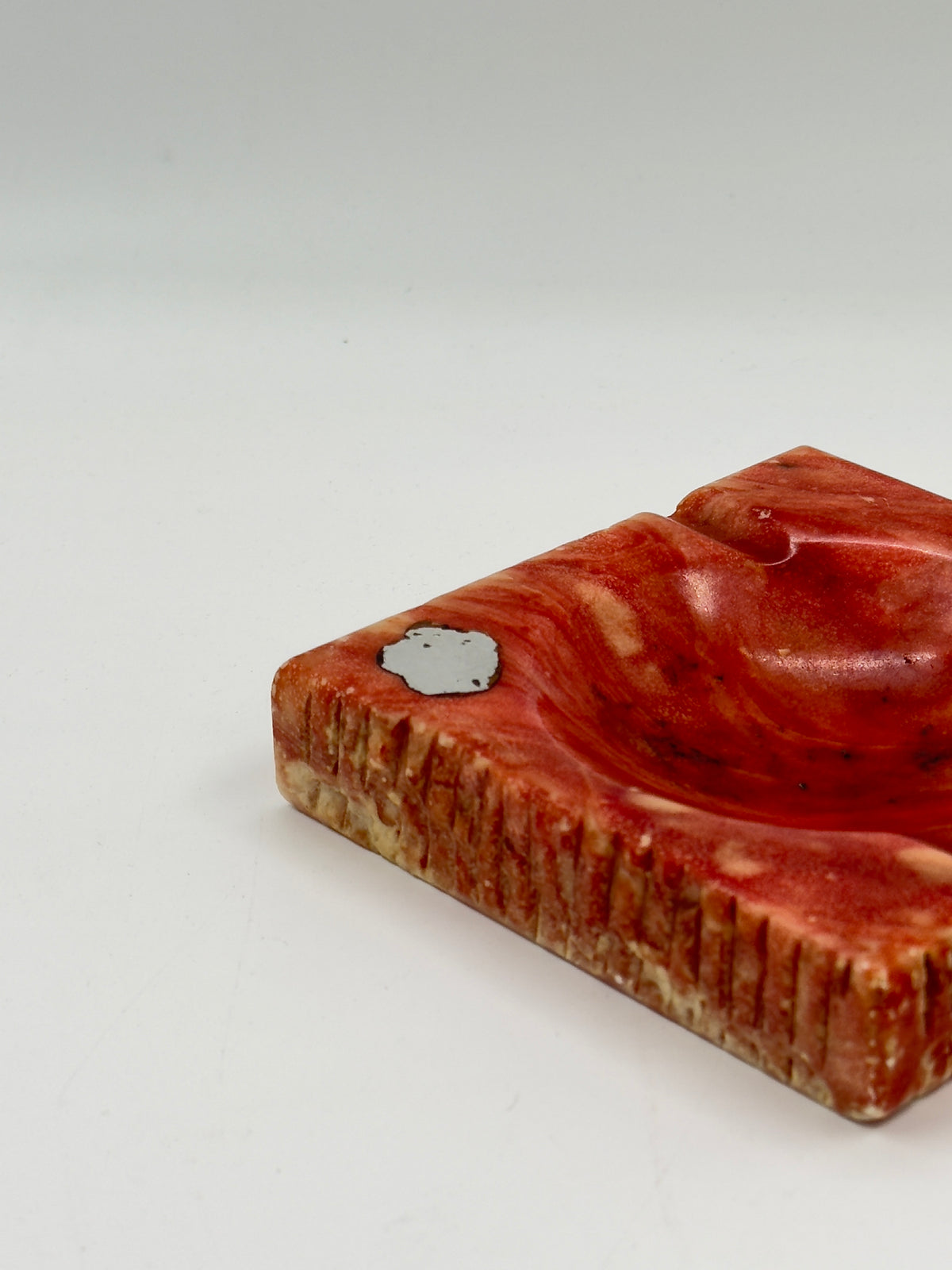 Vintage Hand-Carved Red Stone Ashtray with Chiseled Edges