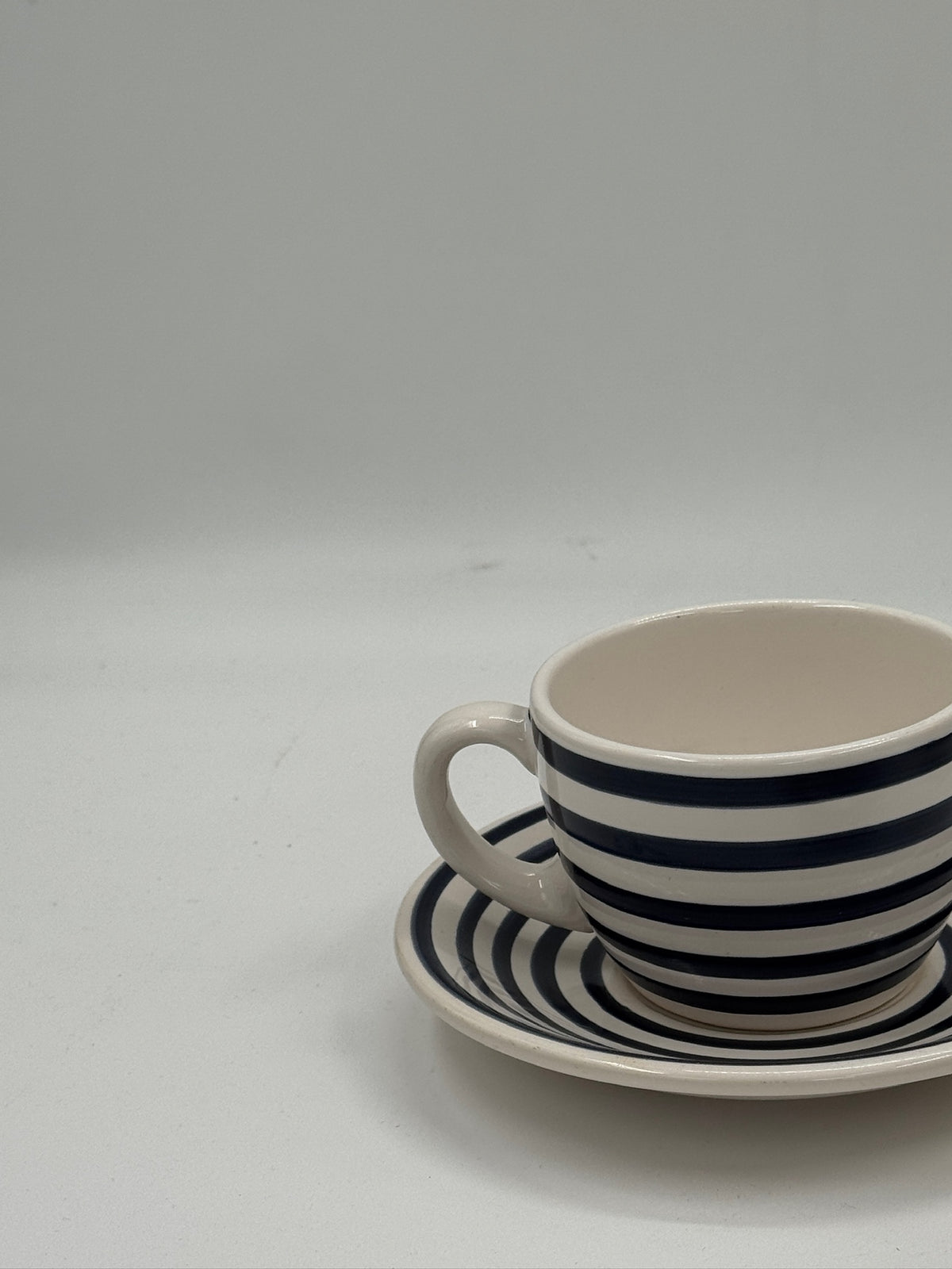 Vintage Hand-Painted Navy Striped Ceramic Espresso Cups & Saucers, Set of 3