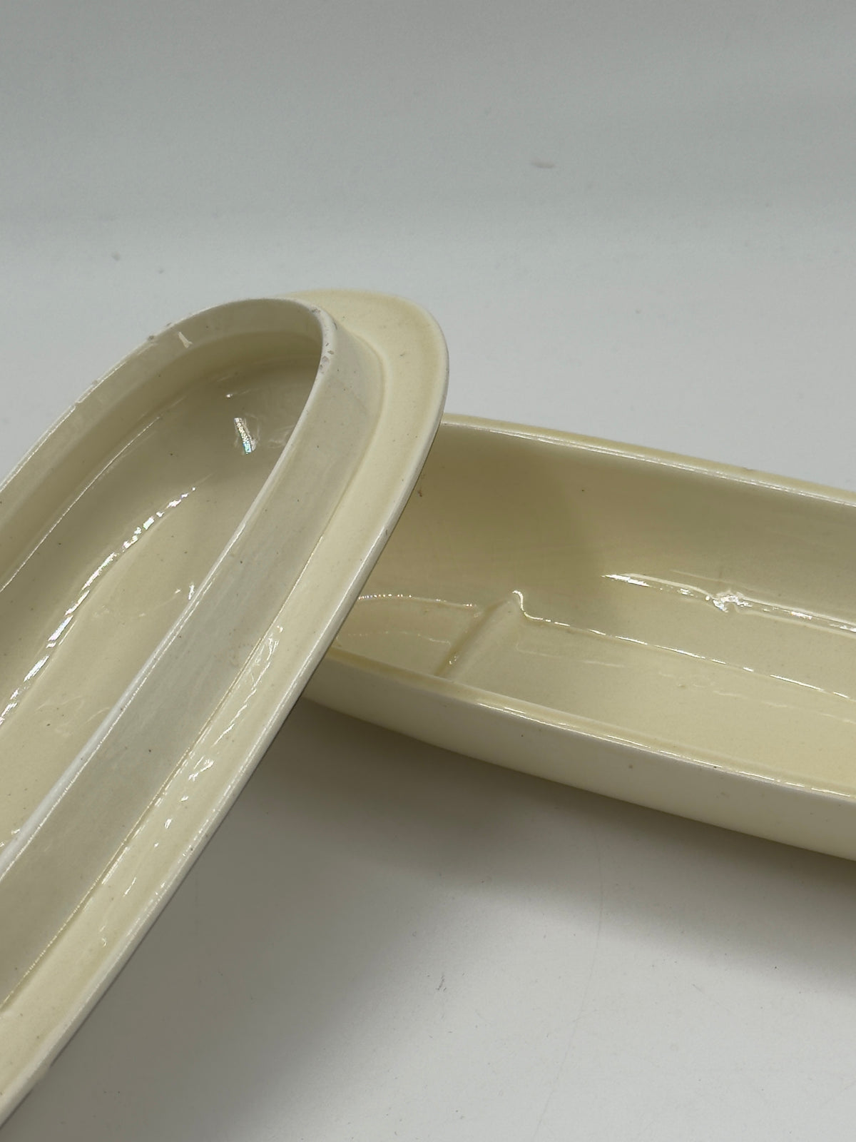 Vintage Art Deco Ivory Ceramic Butter Dish with Platinum Stripes