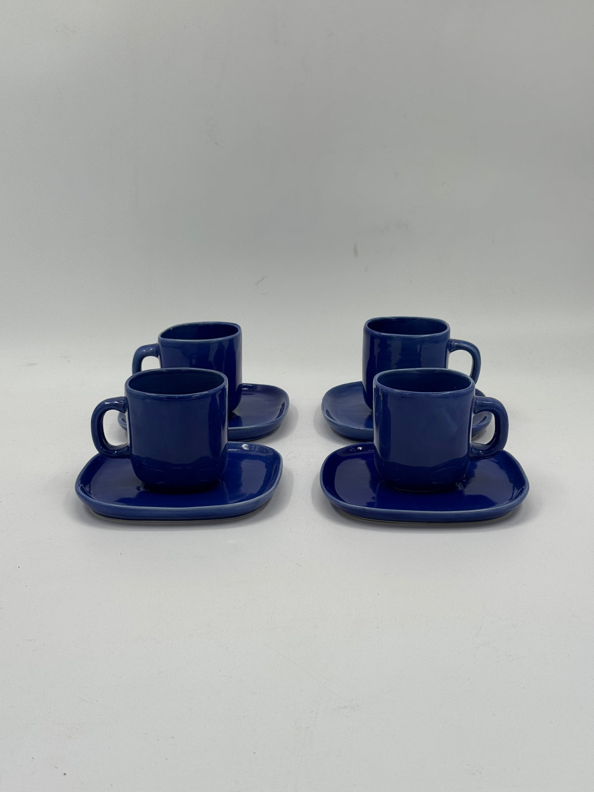 Set of 4 Vintage Handmade Navy Blue Ceramic Cups & Saucers
