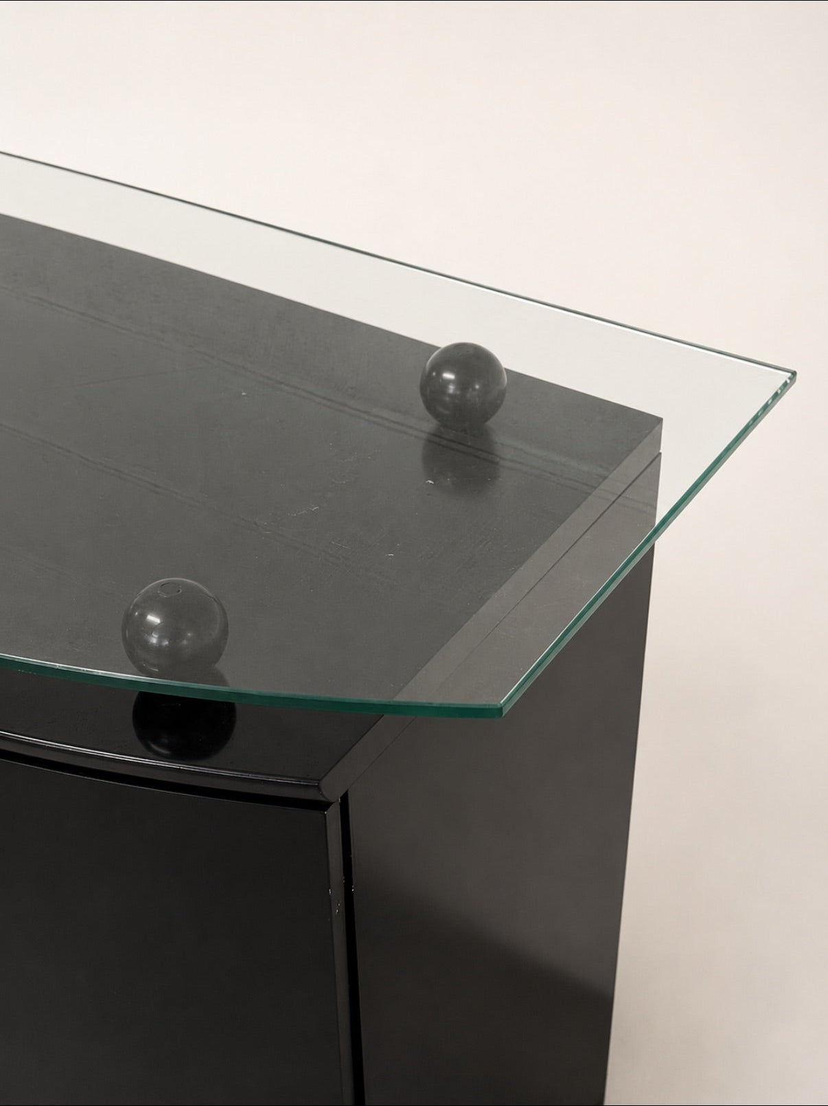 Postmodern Black Lacquer Sideboard with Raised Glass Top on Ball Feet