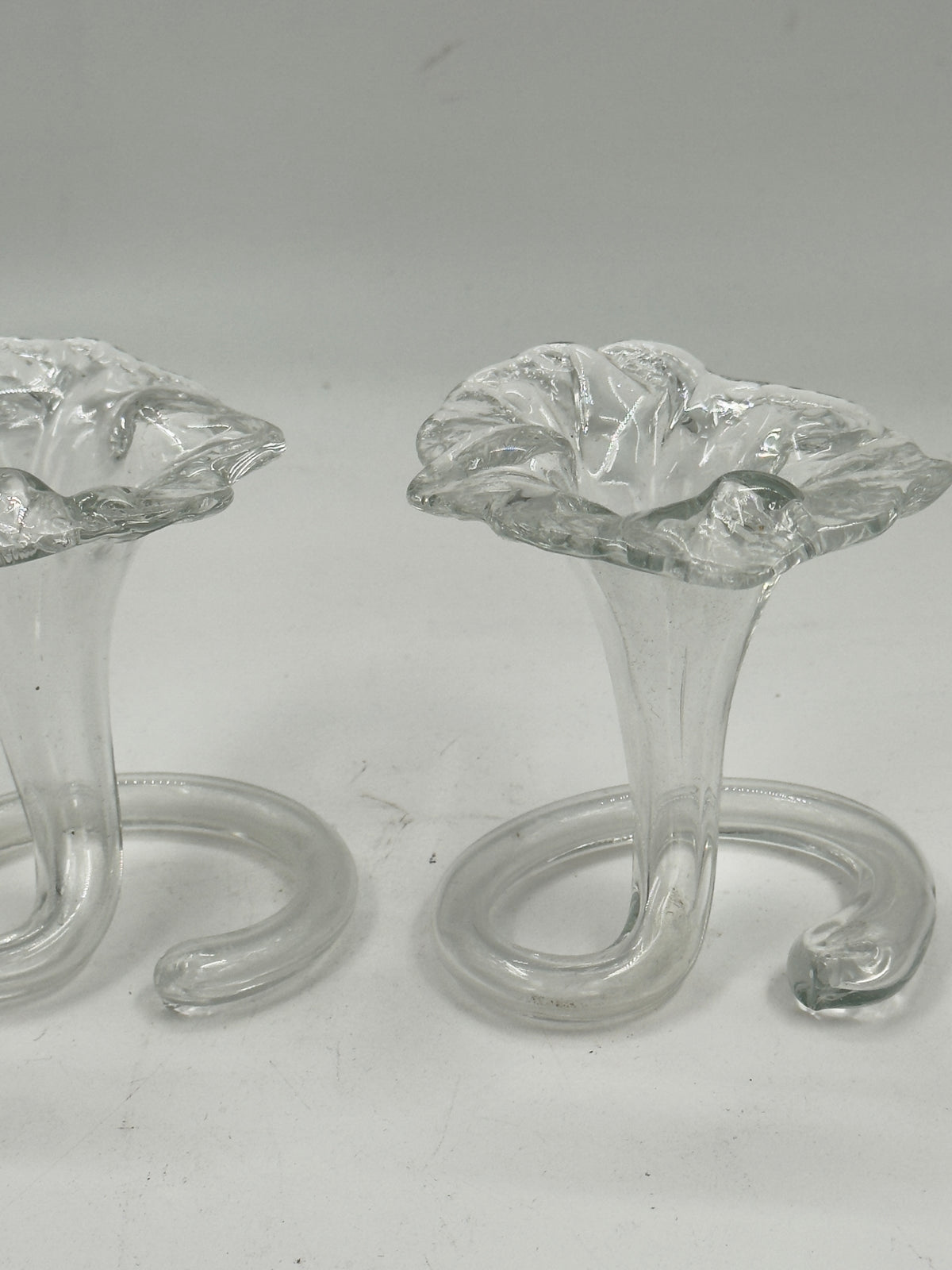 Pair of Vintage Glass Trumpet Bud Vases, Curled Serpentine Base
