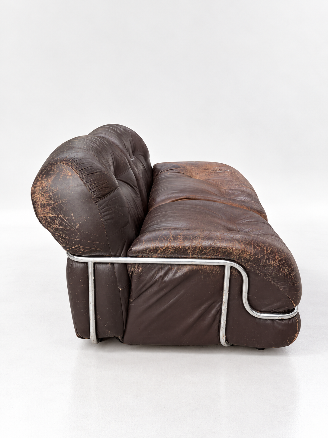 Brown Leather & Chrome Sofa, 1970s