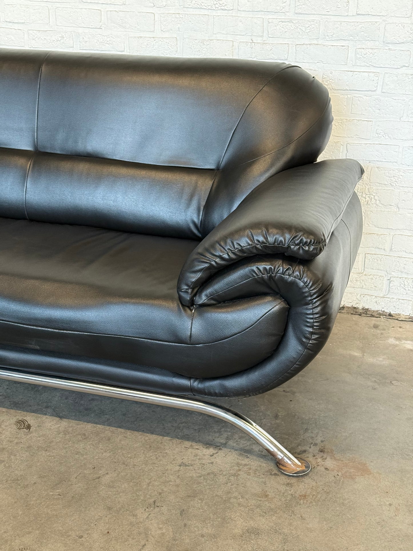 Vintage Italian Three-Seat Sofa in Black Leather & Chrome