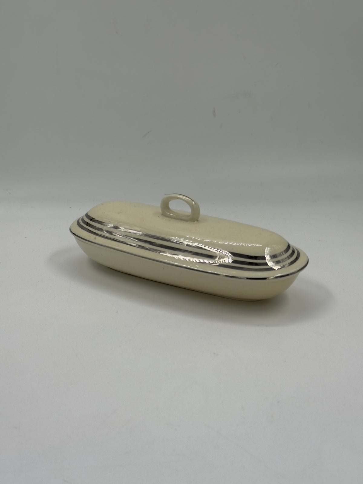 Vintage Art Deco Ivory Ceramic Butter Dish with Platinum Stripes