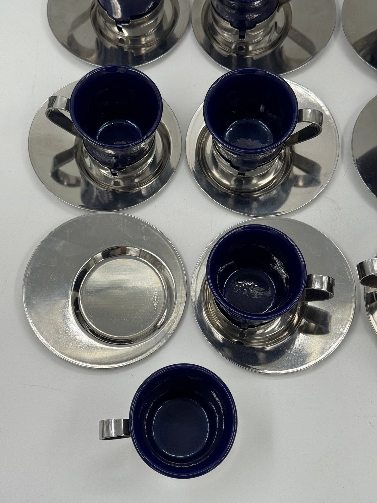 Set of 11 Vintage Cobalt Blue Cups & Saucers with Jug, Steel Holders