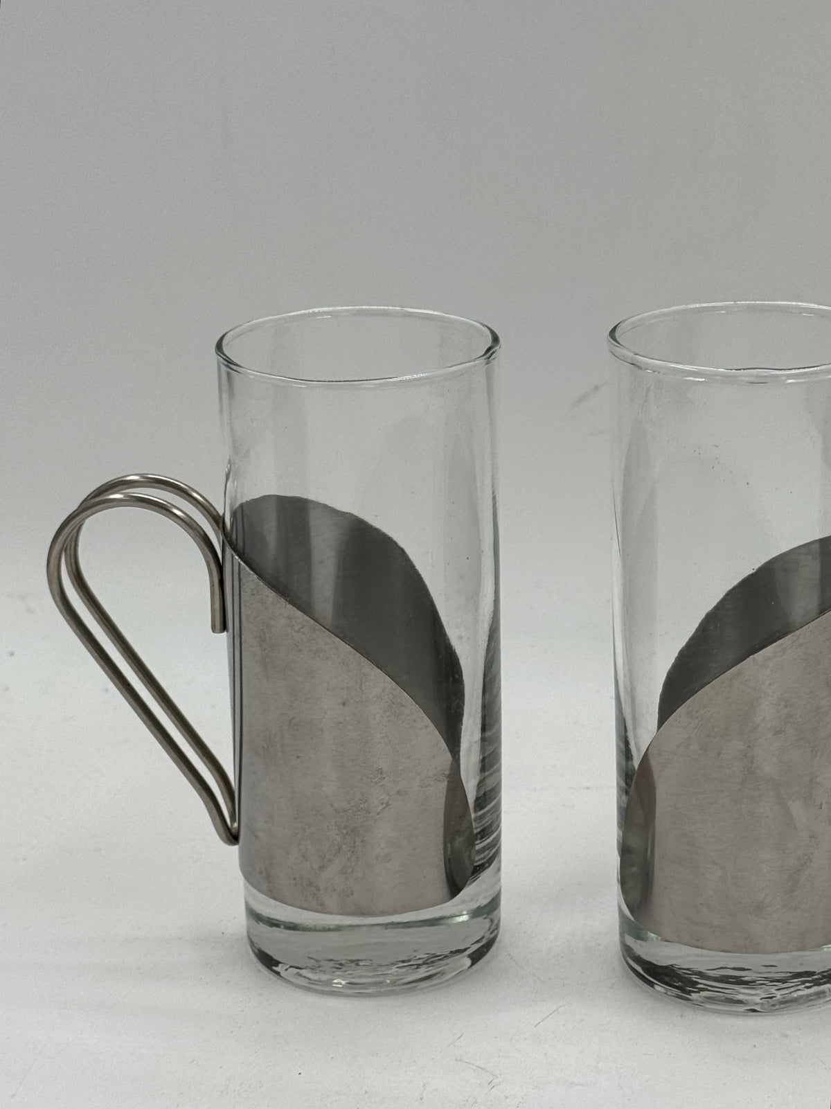 Pair of Vintage Glass Tumblers with Metal Sleeve and Wire Handle