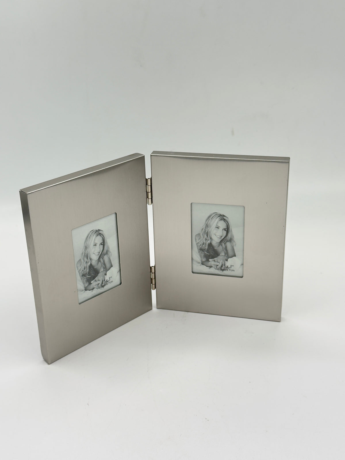 Vintage Brushed Silver-Tone Double Photo Frame, Hinged Book-Style