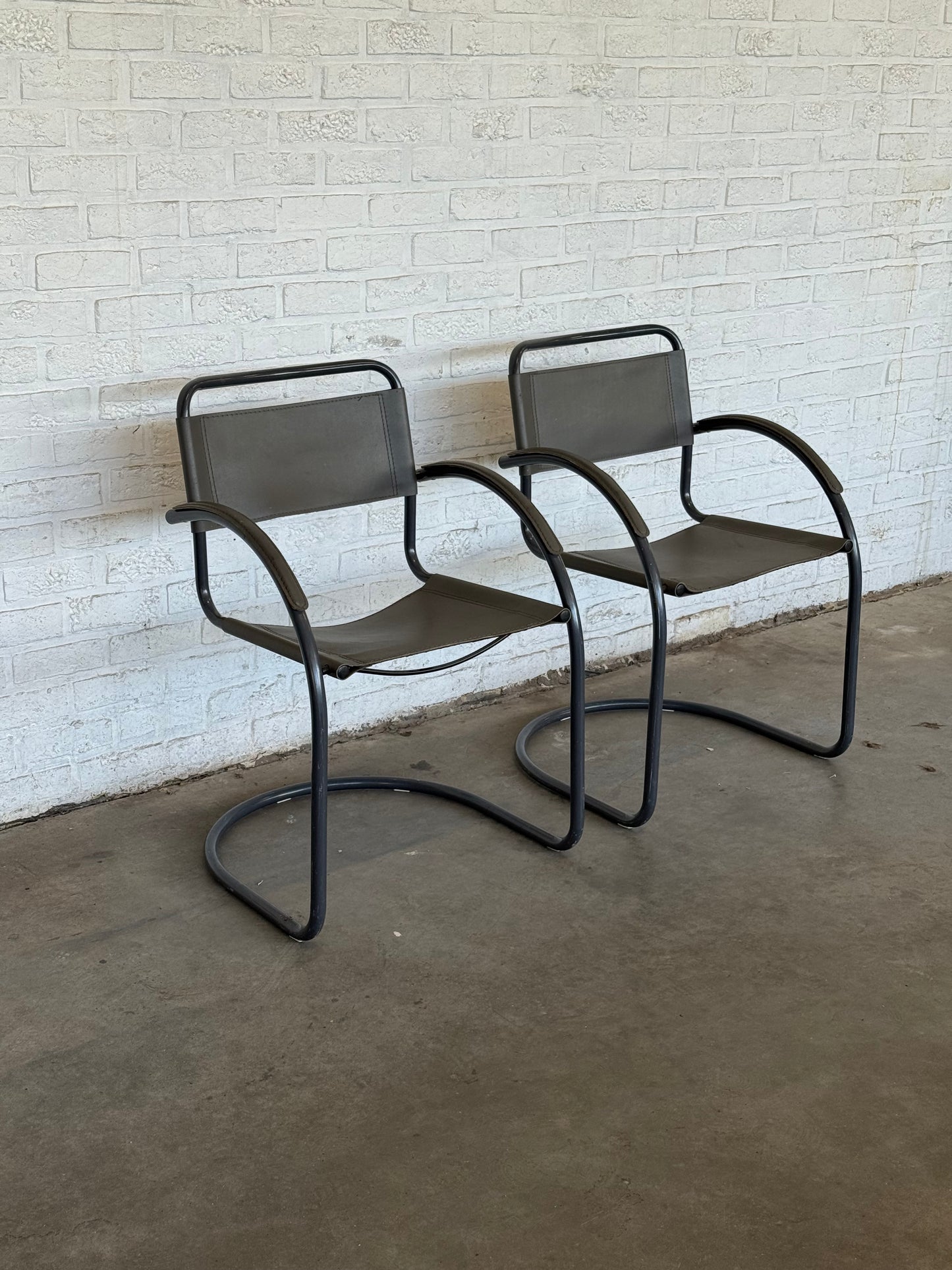 Vintage Cantilever Lounge Chairs — Pair, Grey Leather & Tubular Steel