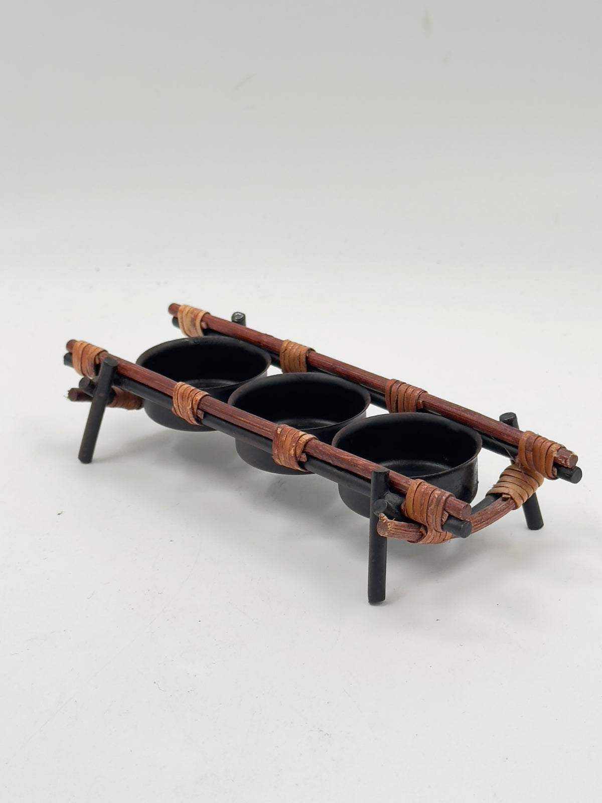 Vintage Rattan-Wrapped Wood Condiment Caddy with Three Metal Bowls