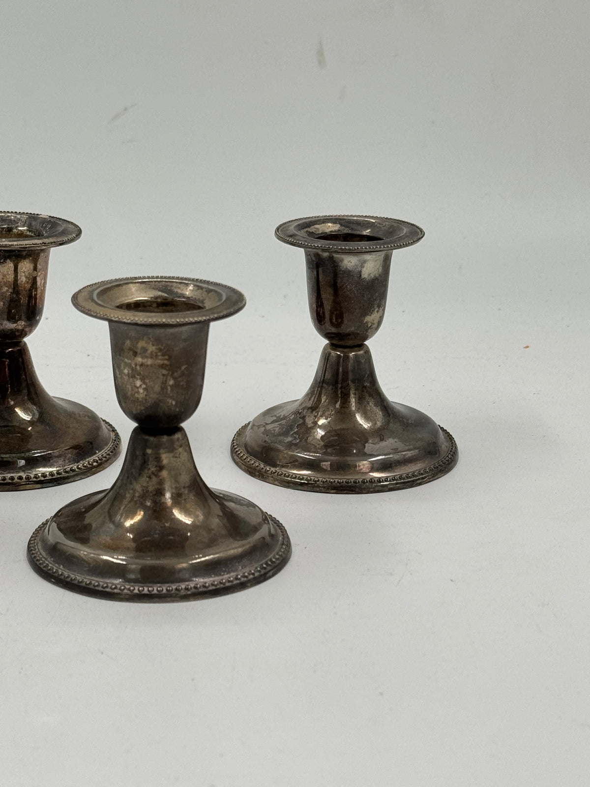 Set of 3 Vintage Silver-Plated Candlesticks, Beaded Rim