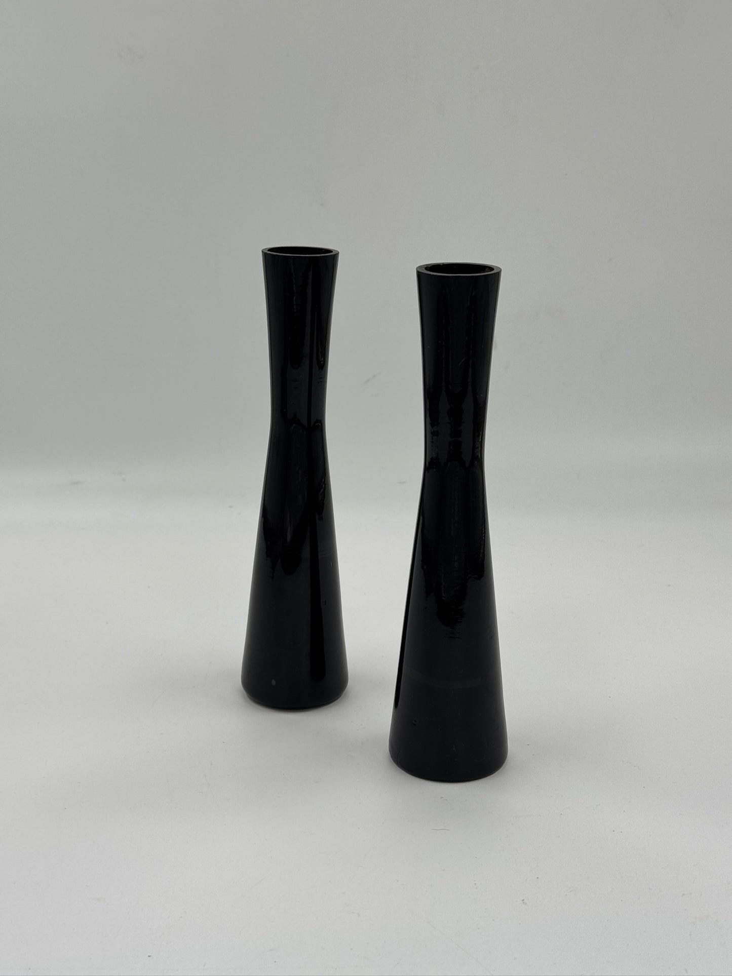 Vintage Black Glass Hourglass Vases, Graduated Pair