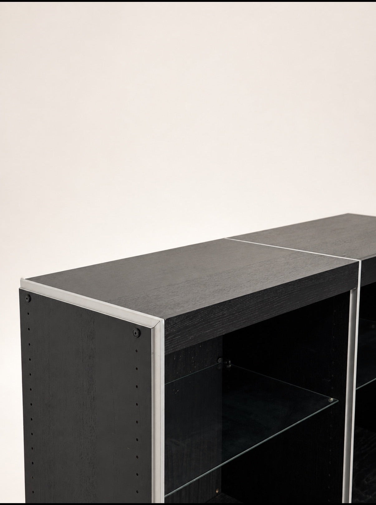 Vintage Black Wood Double Bookcase with Aluminum Trim and Glass Shelves