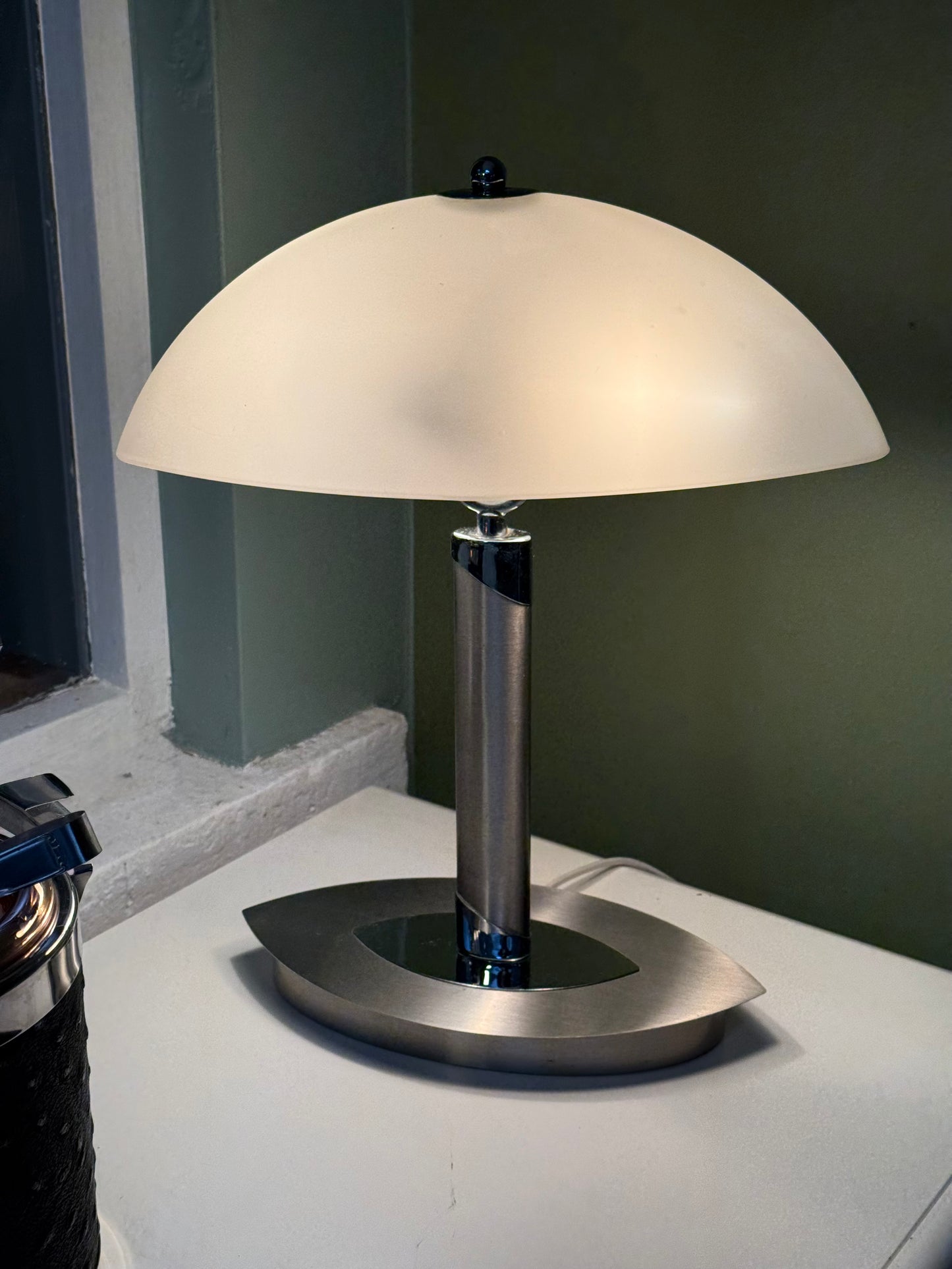 Mid-Century Opaline & Steel Dome Lamp