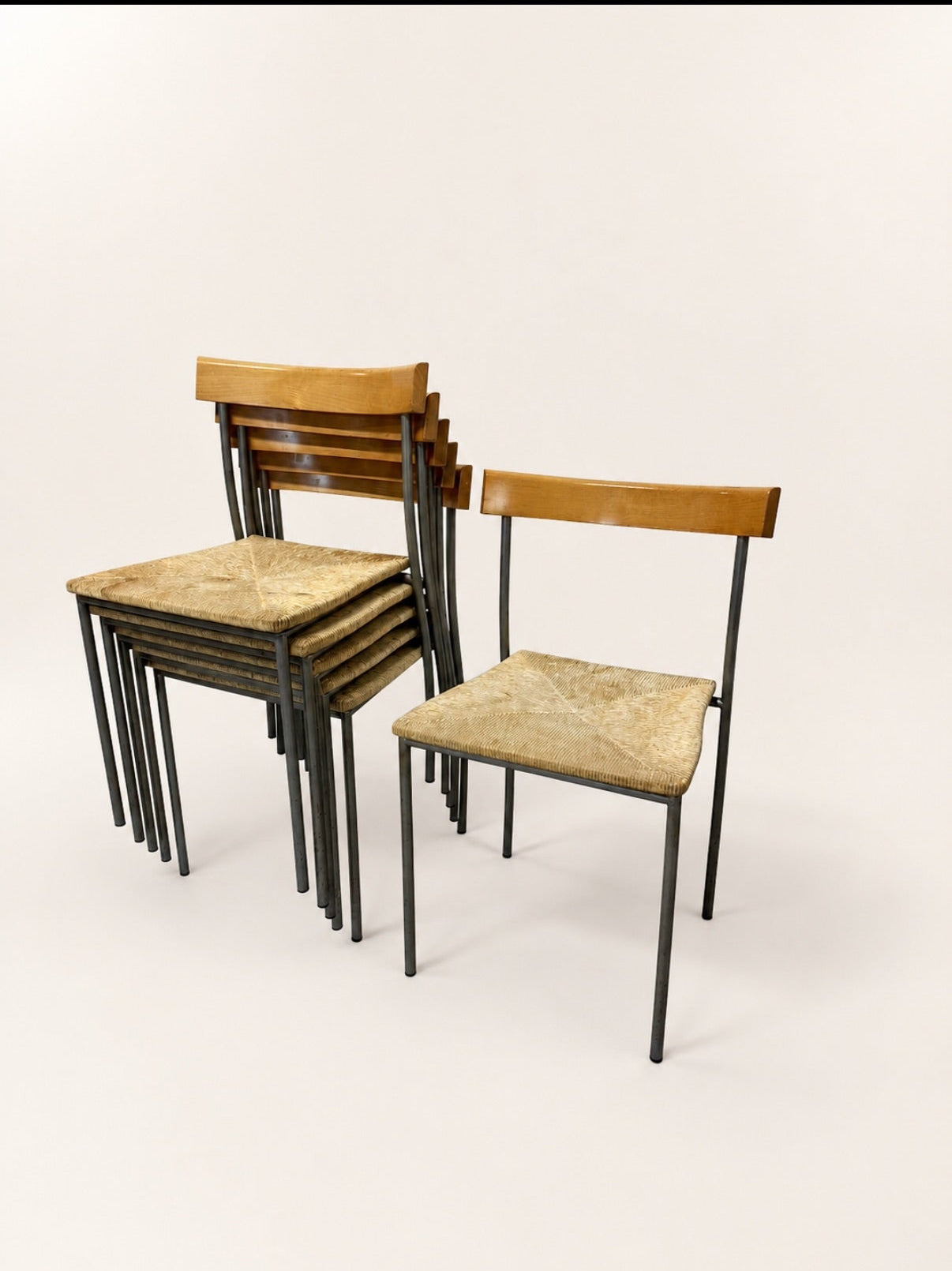 Set of 6 Vintage Wood and Rush Dining Chairs with Black Metal Legs