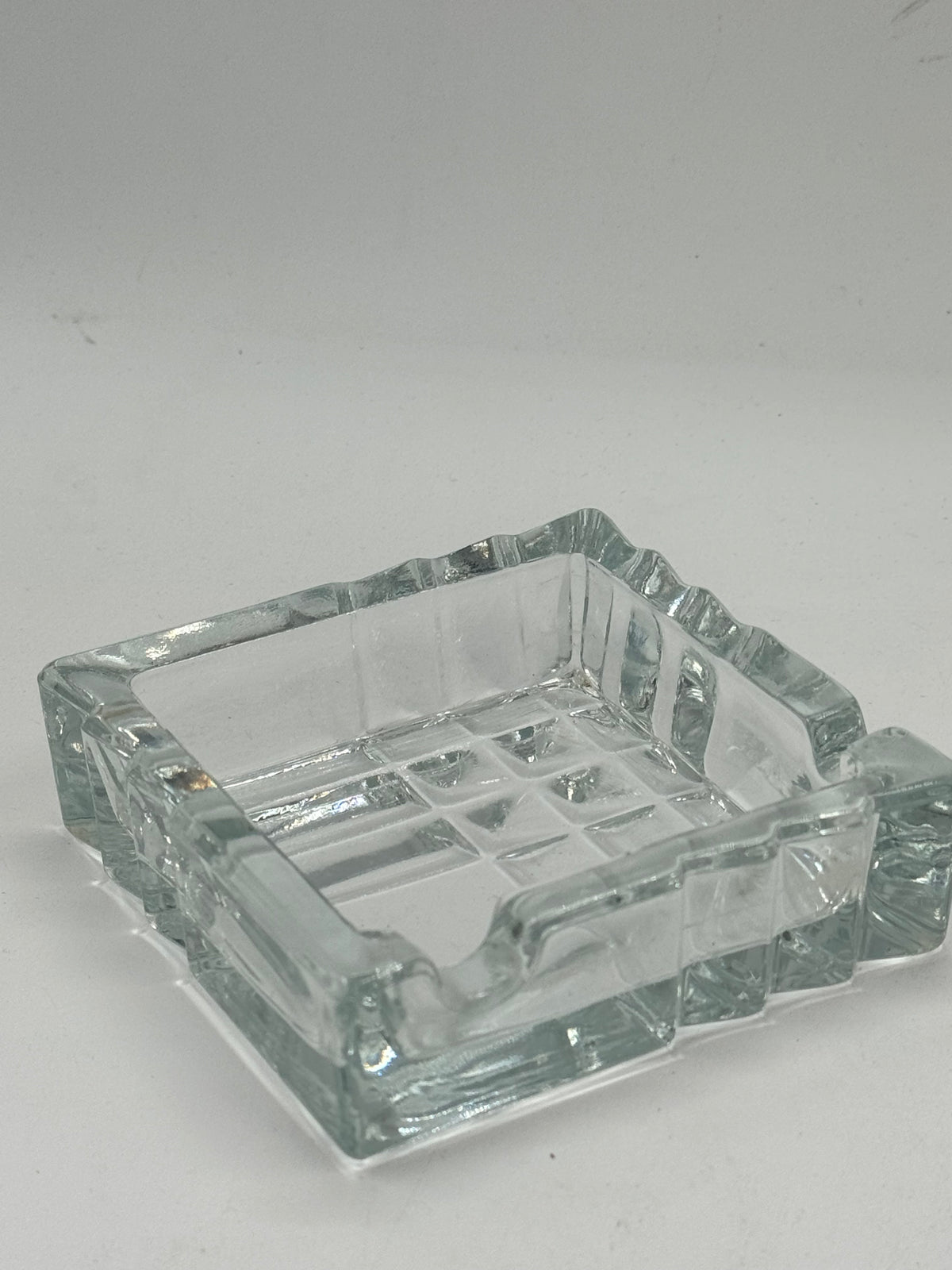 Vintage Square Glass Ashtray, Scalloped Rim