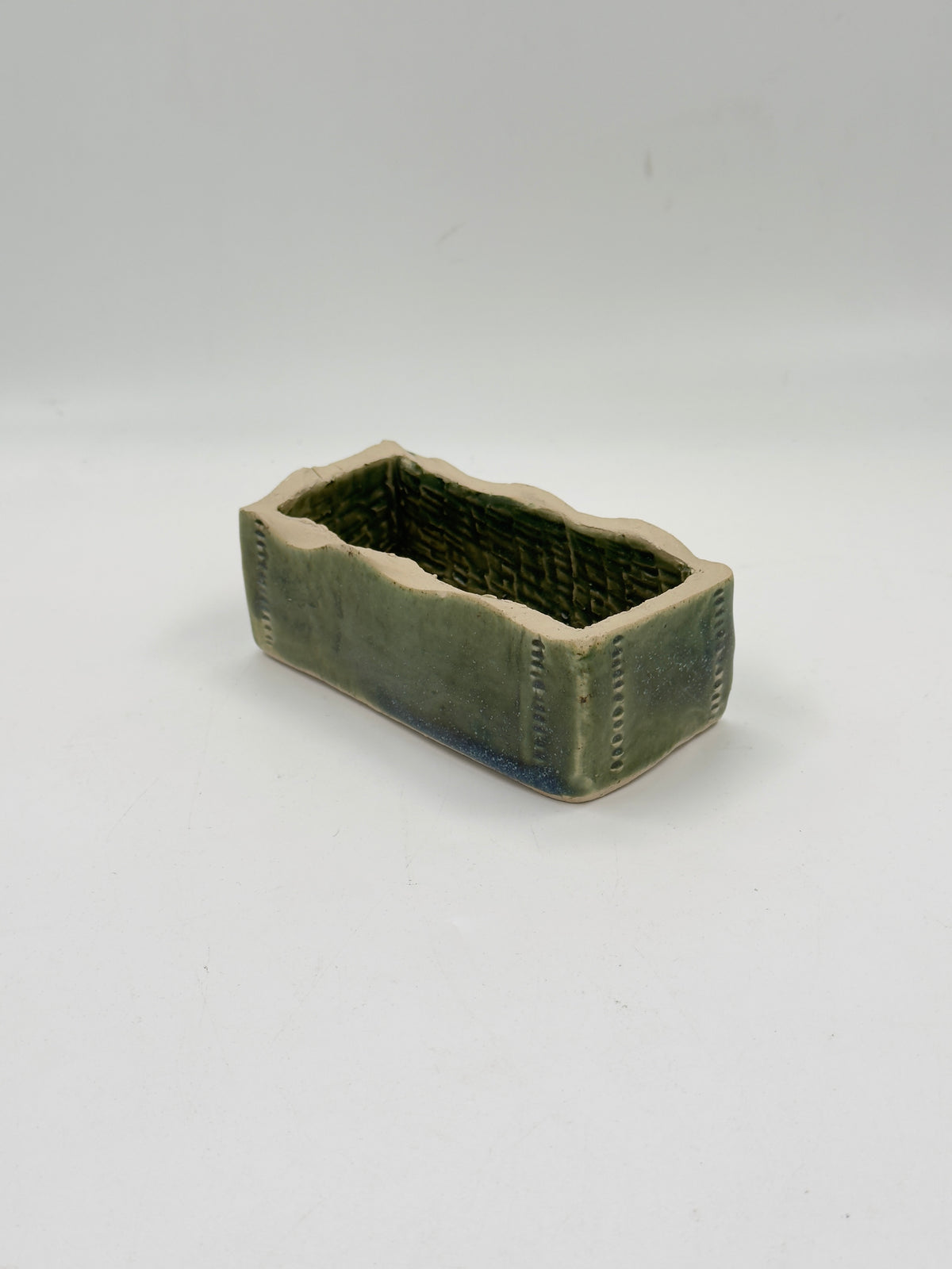 Signed Studio Pottery Rectangular Vessel with Basketweave Interior