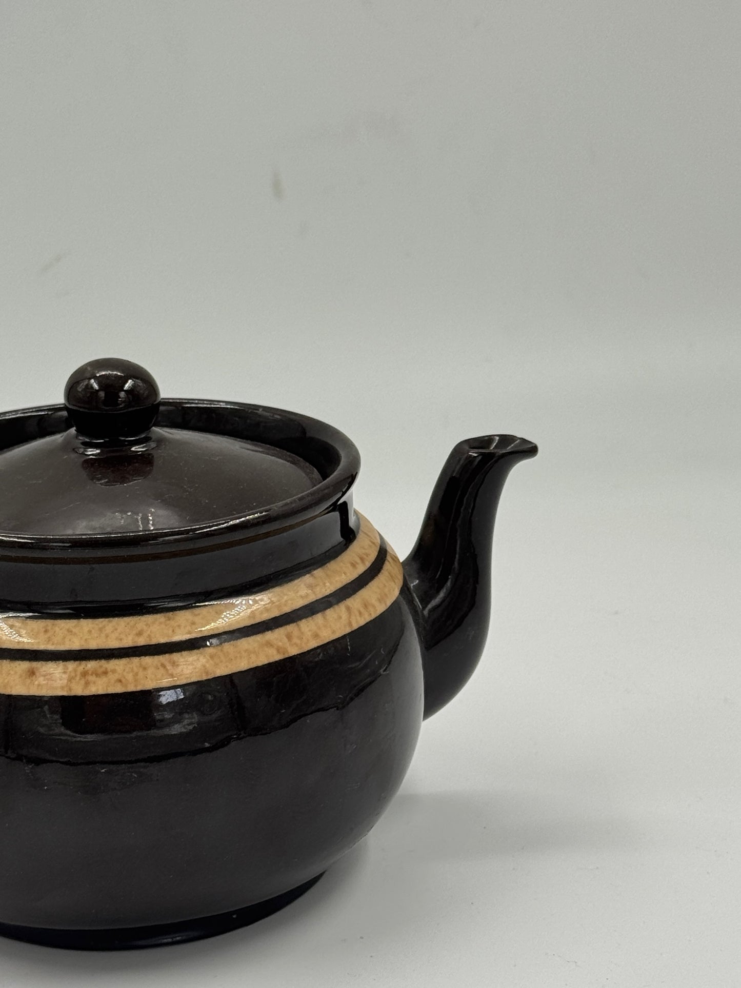 Vintage Brown Glazed Ceramic Teapot with Cream Banding