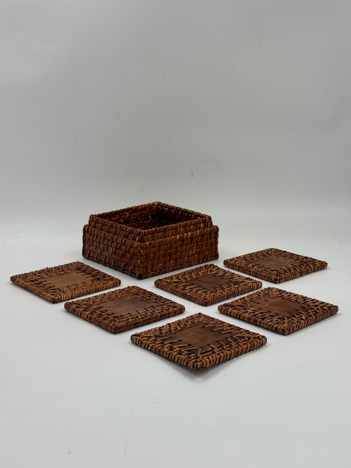 Set of 6 Vintage Woven Rattan Coasters with Storage Box