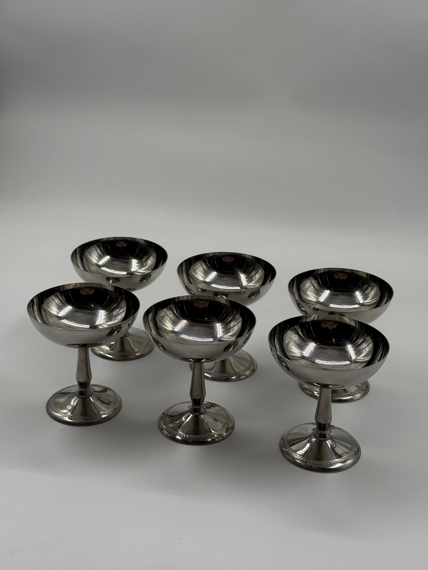 Set of Six Stainless Steel Dessert Coupes With Matching Spoons