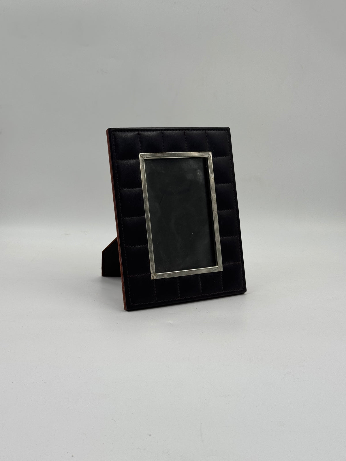 Pair of Quilted Brown Leather Photo Frames with Silver-Tone Bezels