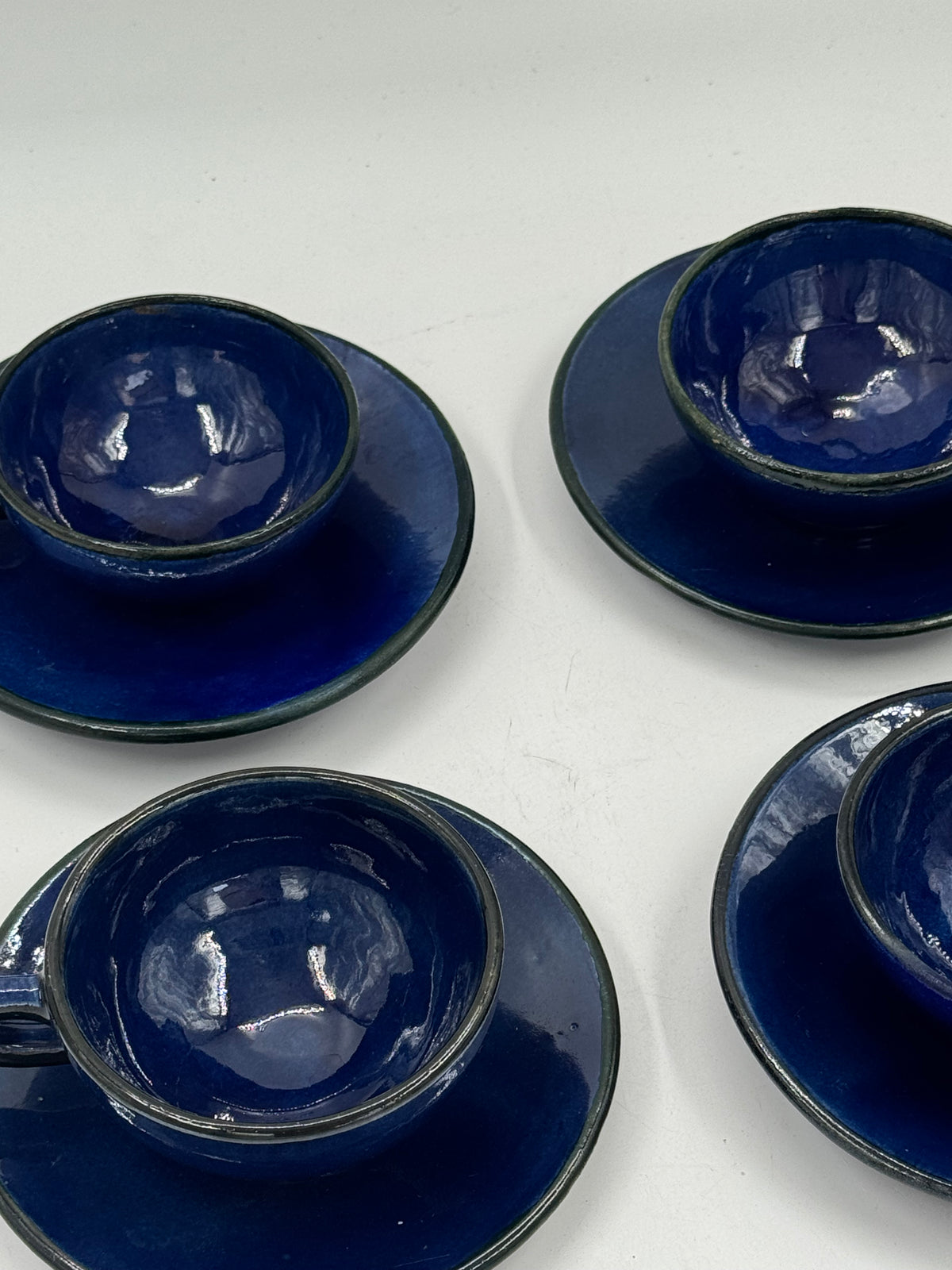 Set of 4 Vintage Studio Pottery Cups and Saucers, Cobalt Blue Glaze