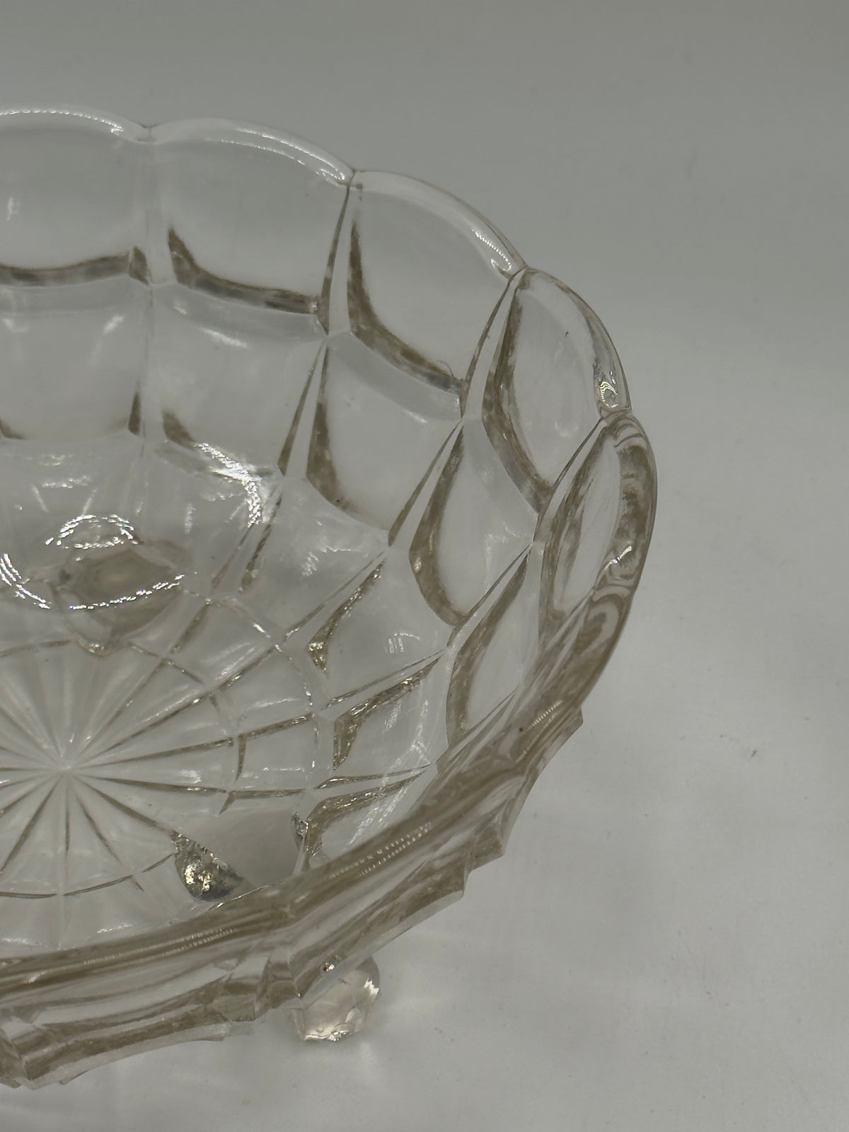 Vintage Pressed Glass Footed Bowl, Scalloped Diamond-Cut Rim