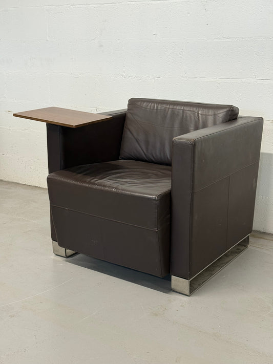 Vintage Brown Leather Armchair with Swivel Side Table
