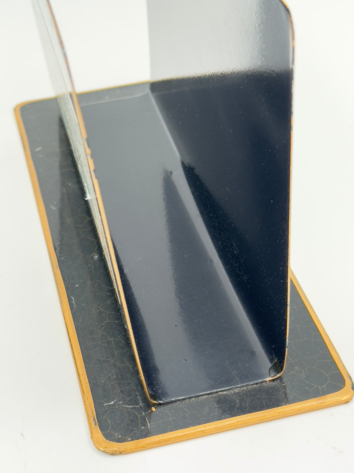 Vintage Black Lacquer Tole Letter Rack with Marbled Paper Panel