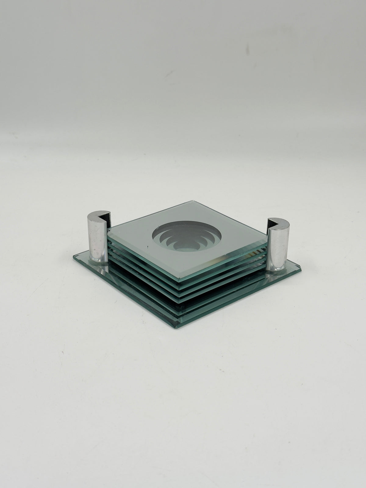 Vintage Postmodern Mirrored Glass Coaster Set with Chrome Stand