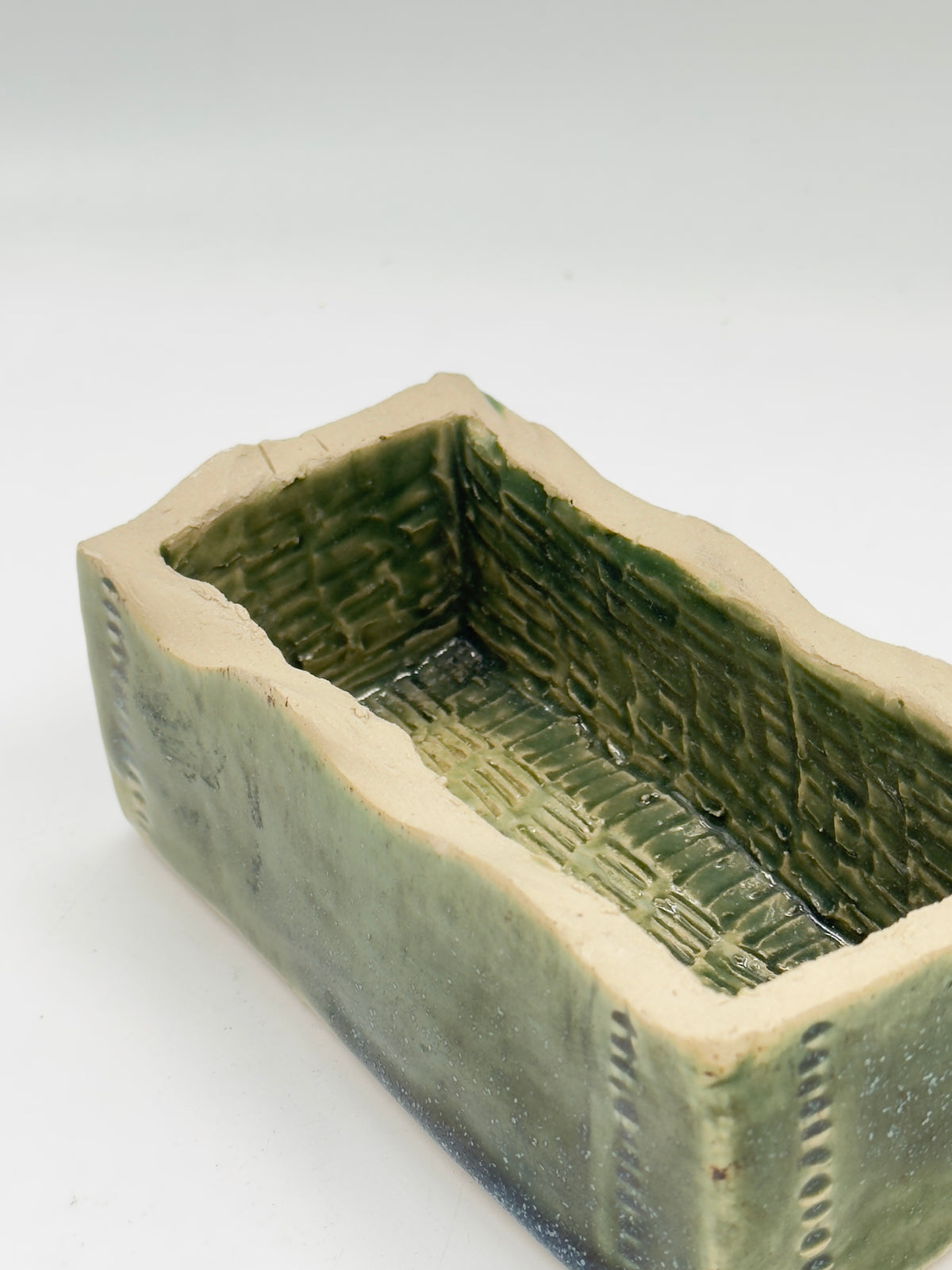 Signed Studio Pottery Rectangular Vessel with Basketweave Interior