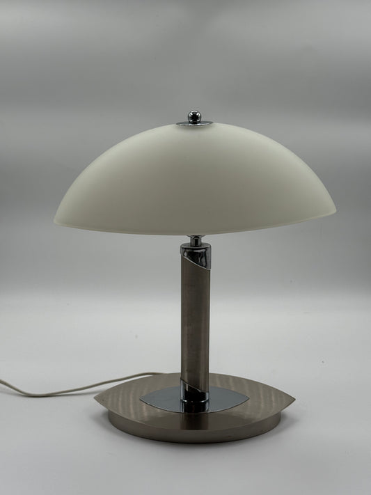 Mid-Century Opaline & Steel Dome Lamp