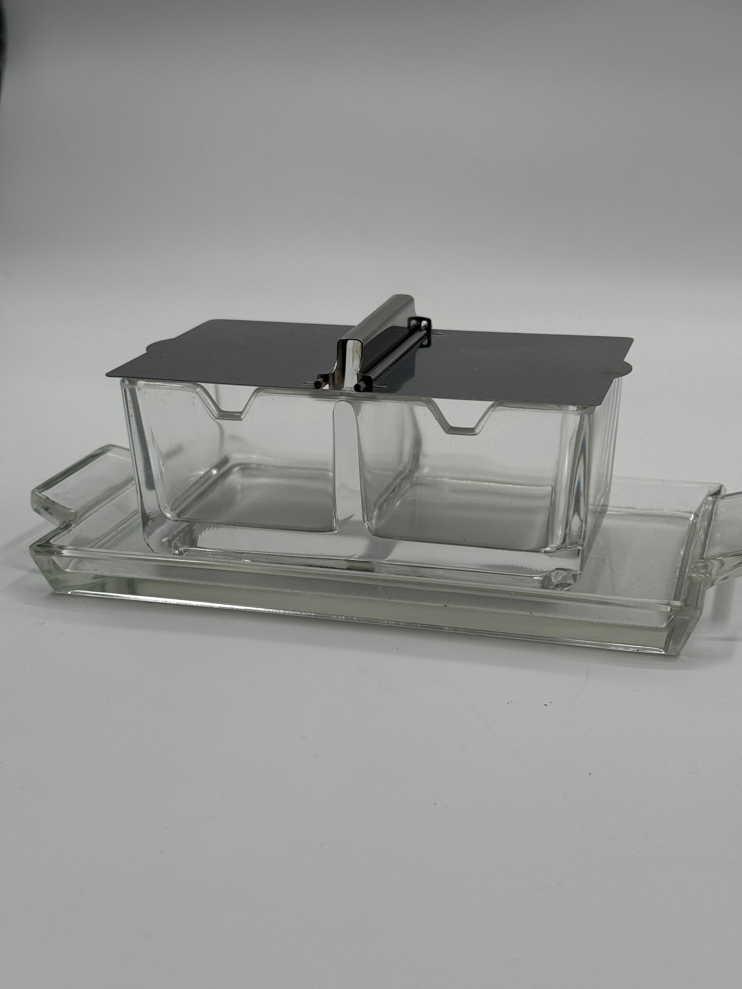 Vintage Glass & Chrome Condiment Duo Rectangular Serving Set