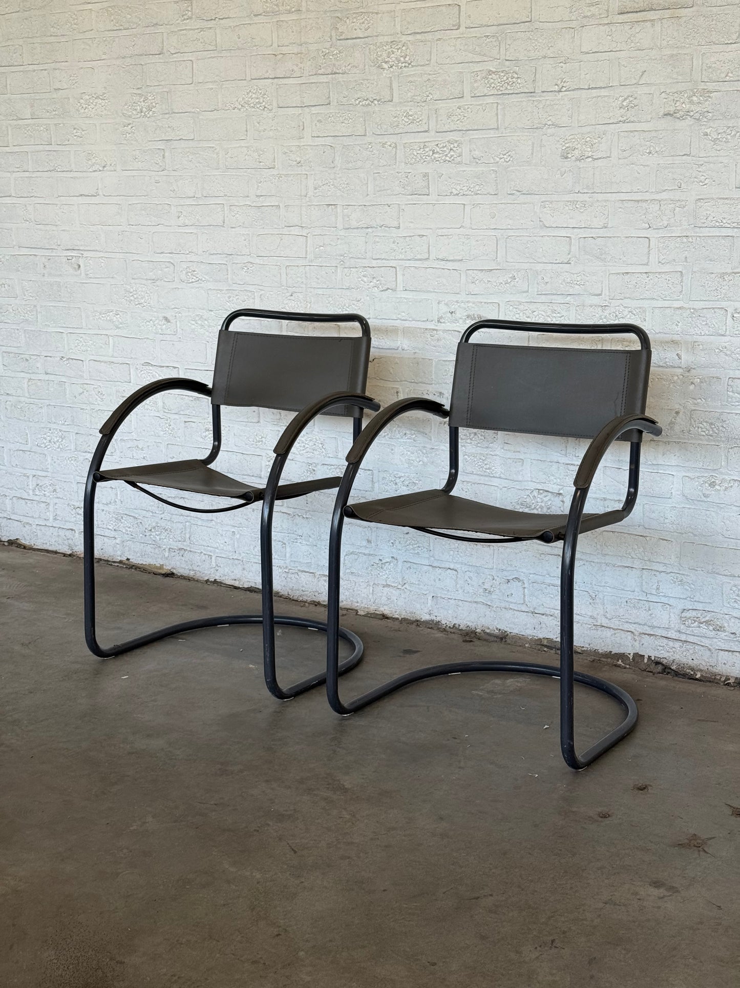 Vintage Cantilever Lounge Chairs — Pair, Grey Leather & Tubular Steel