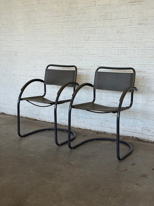 Vintage Cantilever Lounge Chairs — Pair, Grey Leather & Tubular Steel