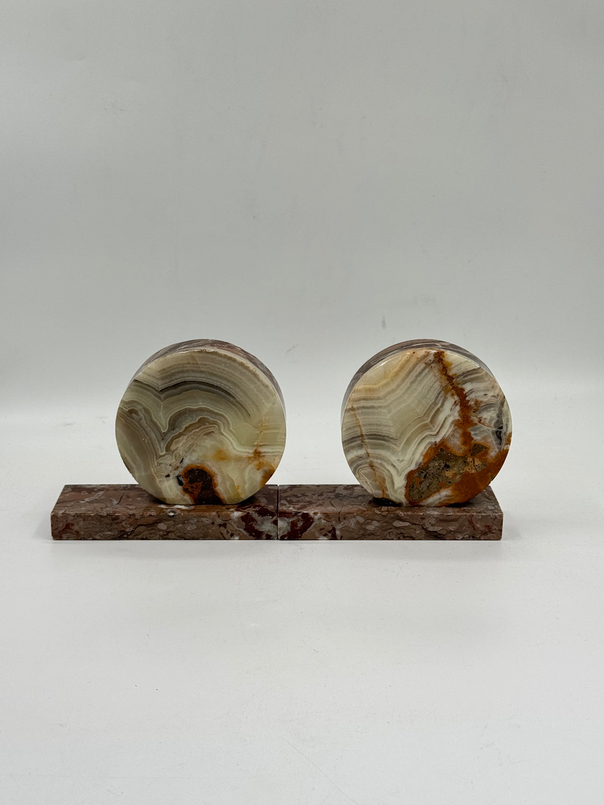 Pair of Vintage Marble & Onyx Round Bookends, Art Deco Style