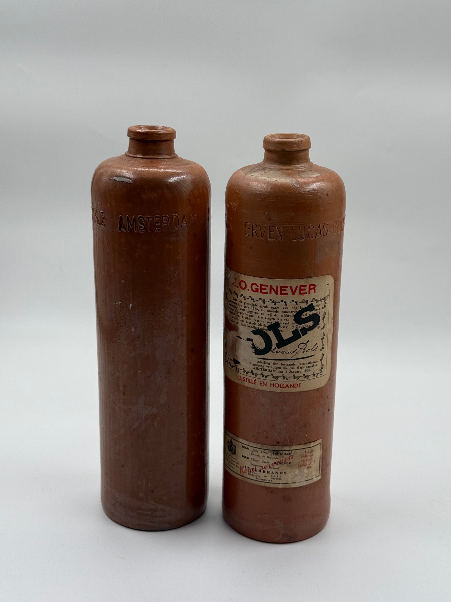 Pair of Antique Dutch Genever Stoneware Bottles Amsterdam & Lucas Bols