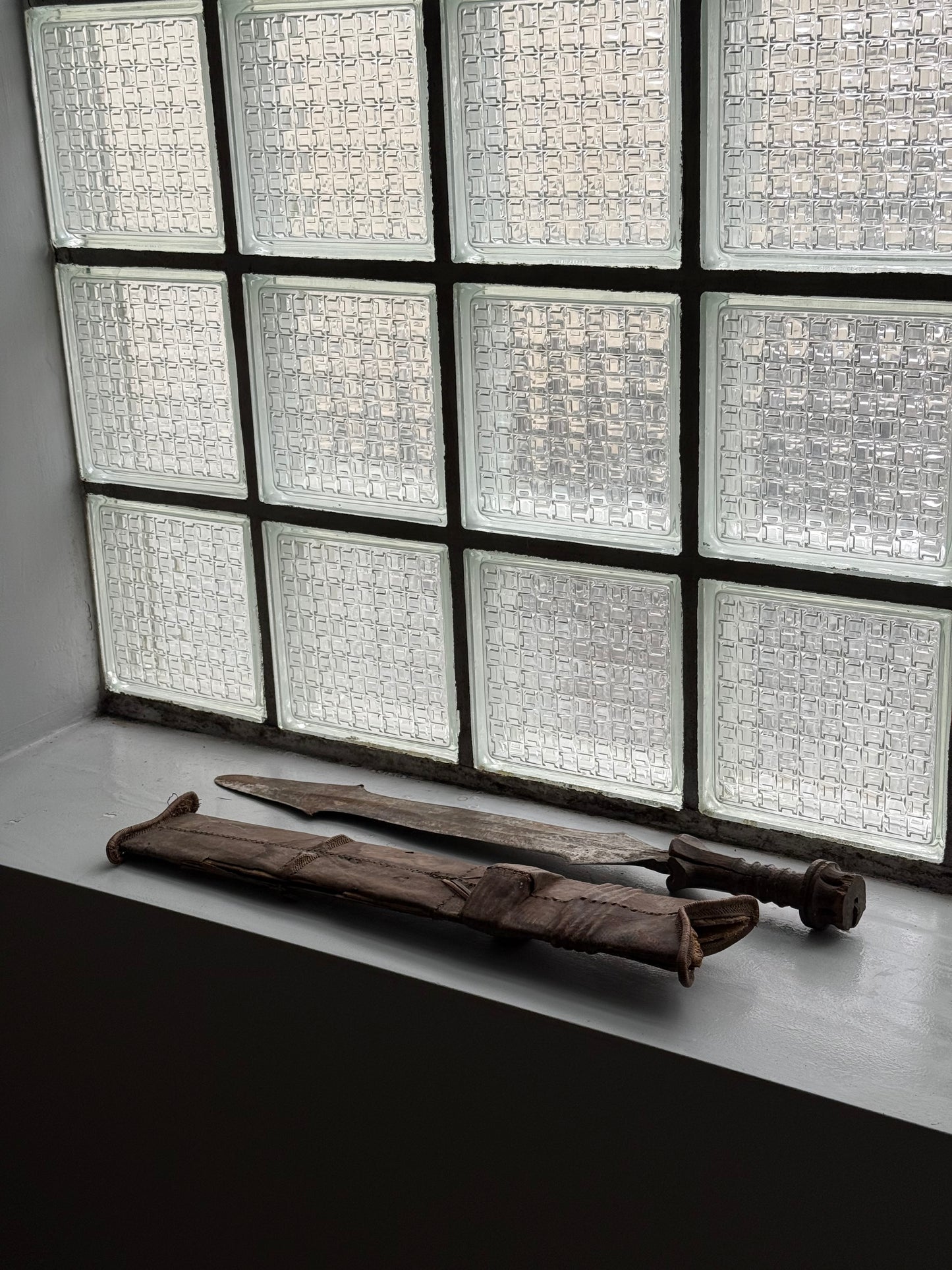 19th-Century Central African Forged Iron Sword with Leather Scabbard