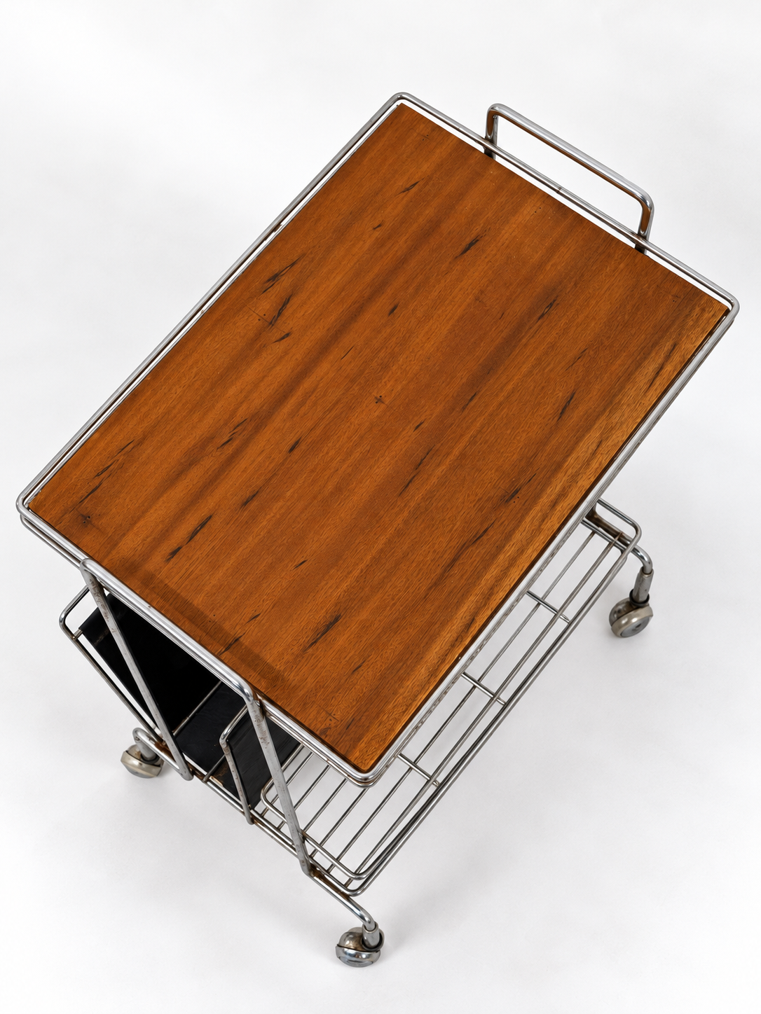 Mid-Century Chrome & Wood Bar Cart with Magazine Rack