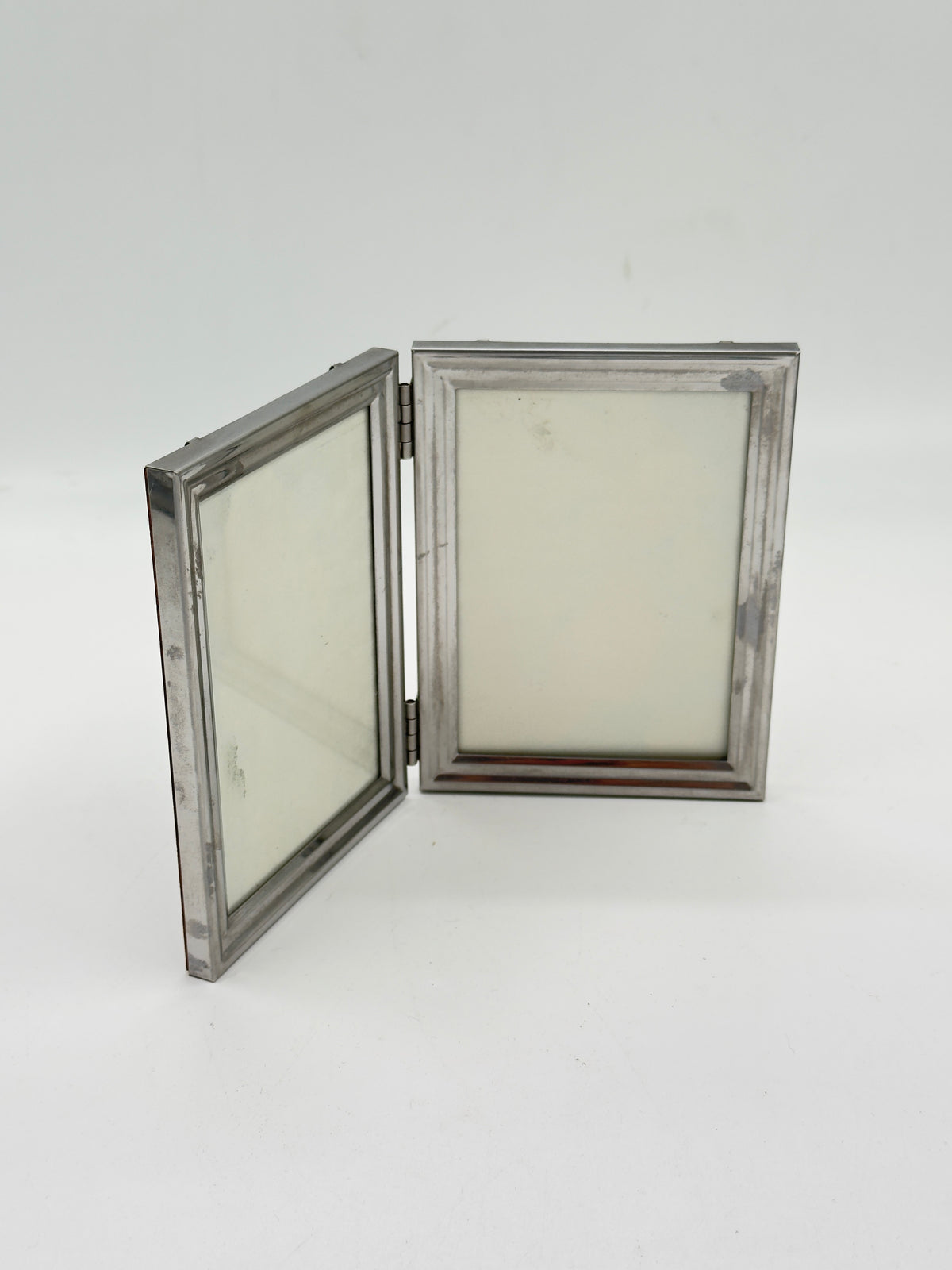 Vintage Silver-Tone Double Photo Frame with Wood Backing, Hinged Book-Style
