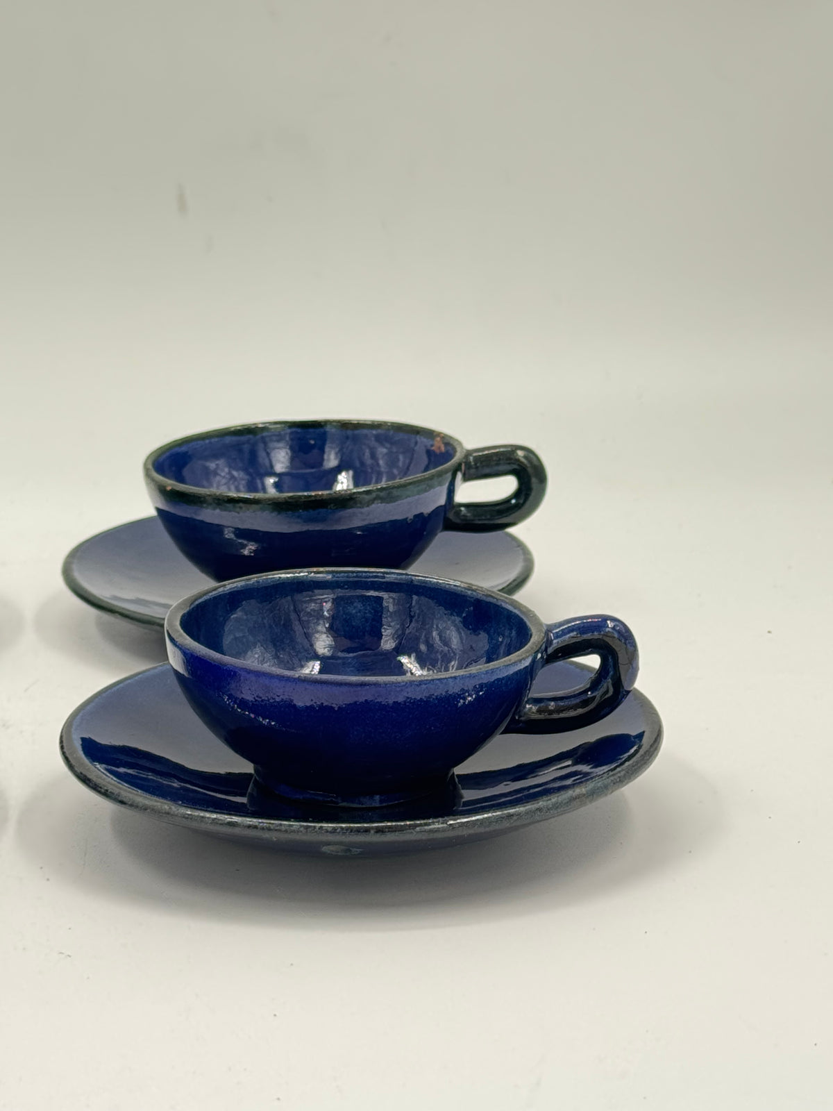 Set of 4 Vintage Studio Pottery Cups and Saucers, Cobalt Blue Glaze